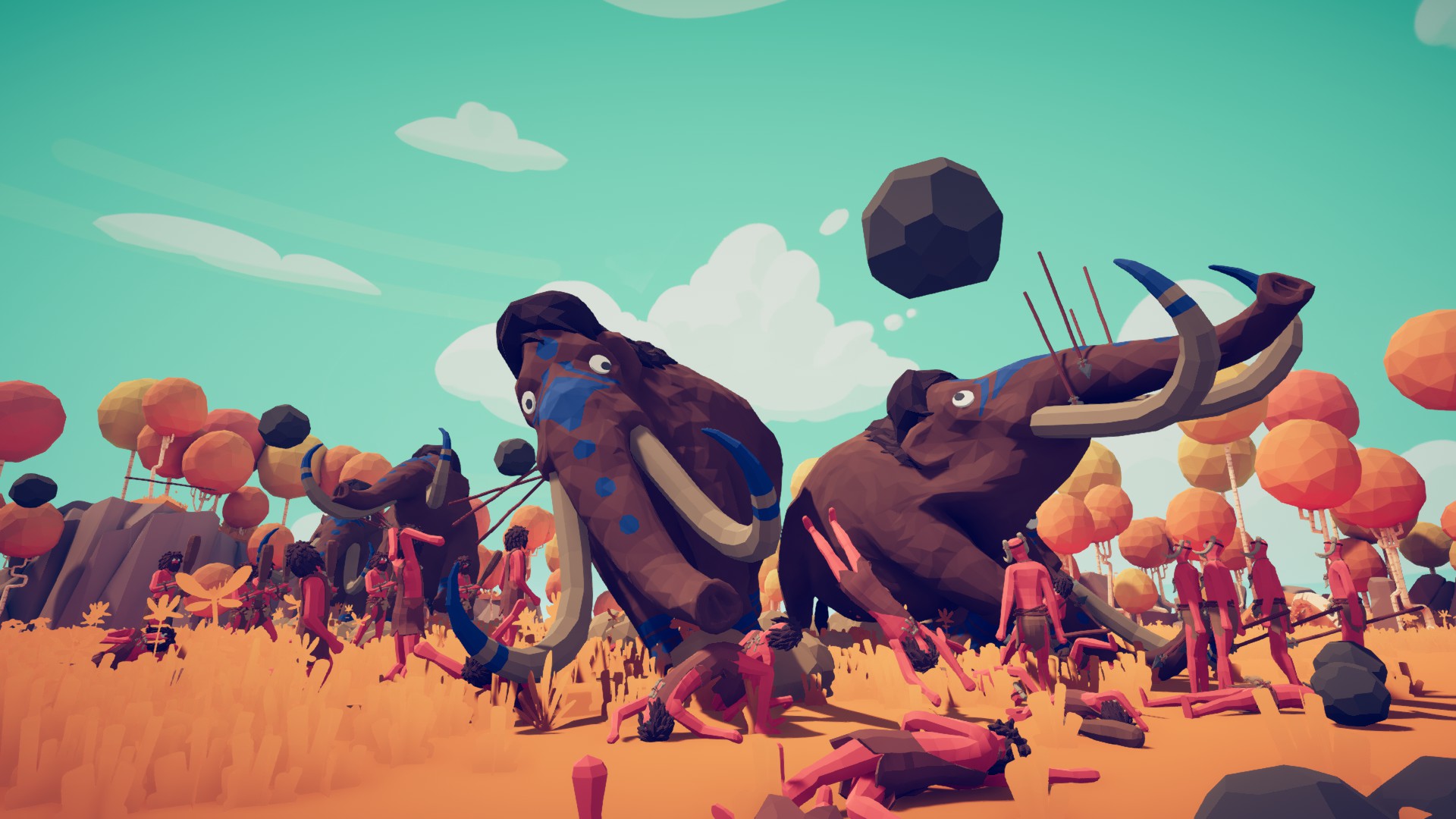 Totally Accurate Battle Simulator battle with wobbly warriors fighting woolly mammoths