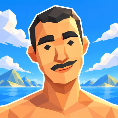 The low-poly PBSquared character against a blue sky